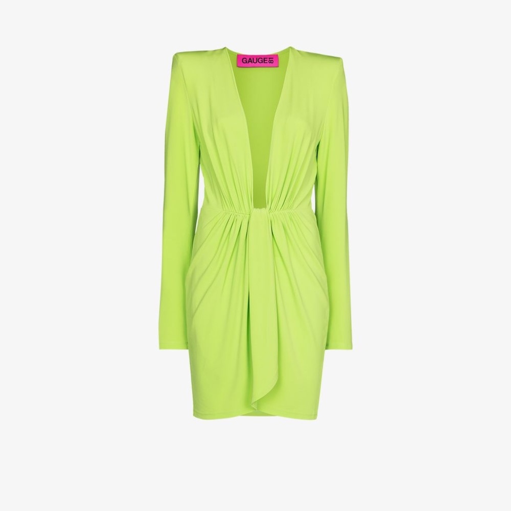 NWT Gauge81 Lime Green Plunge Draped Mini Dress w Strong Shoulder Size M